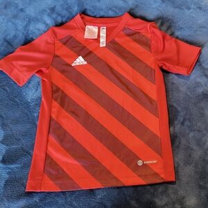 🌟Adidas Kids Short Sleeve, Red and Black Striped Shirt, XS